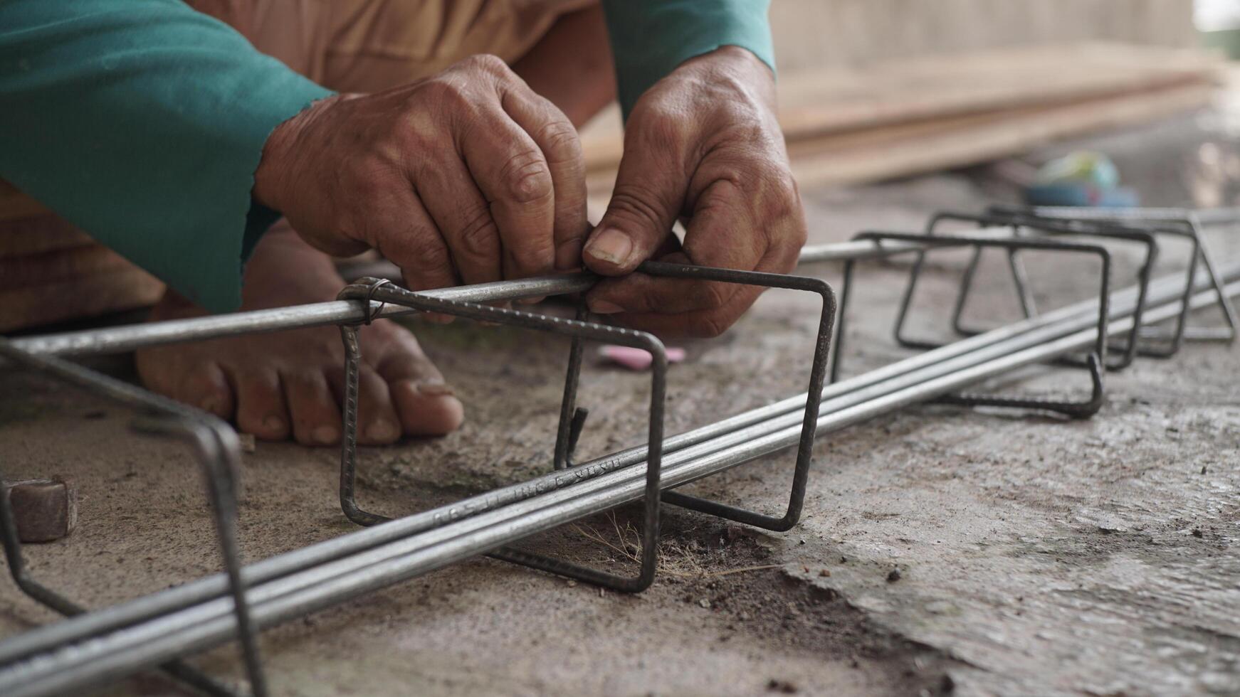 close up installing concrete steel reinforcement used for the casting process photo