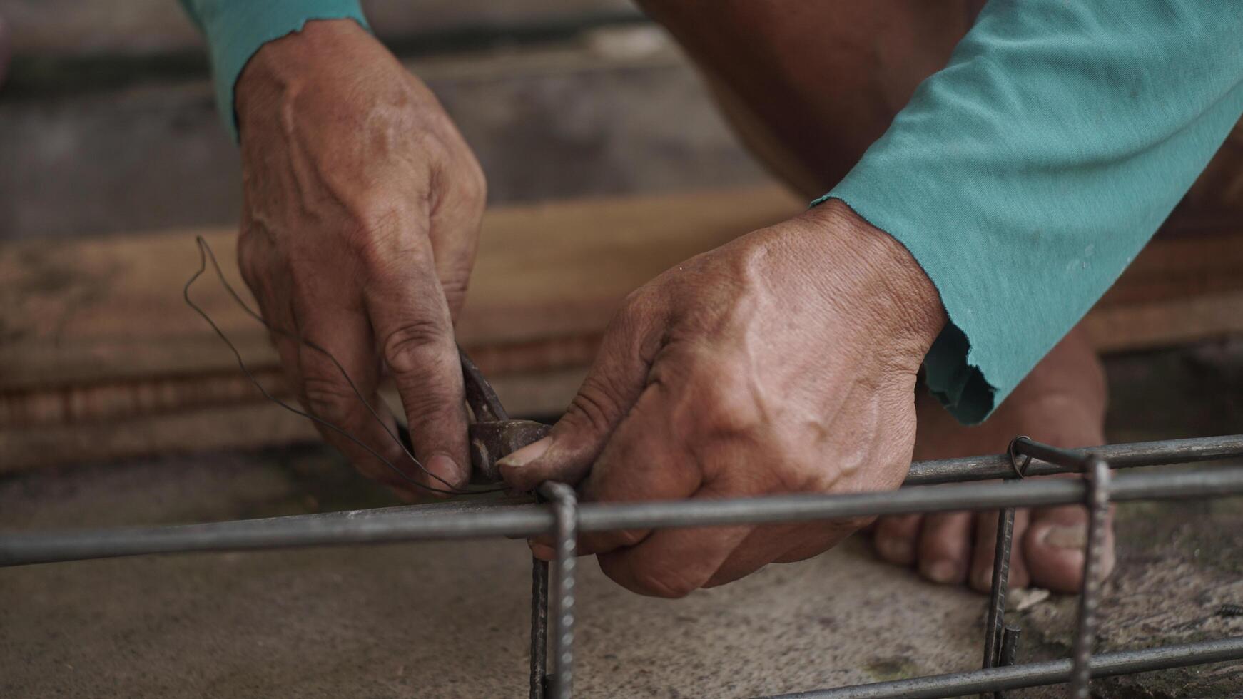 close up installing concrete steel reinforcement used for the casting process photo