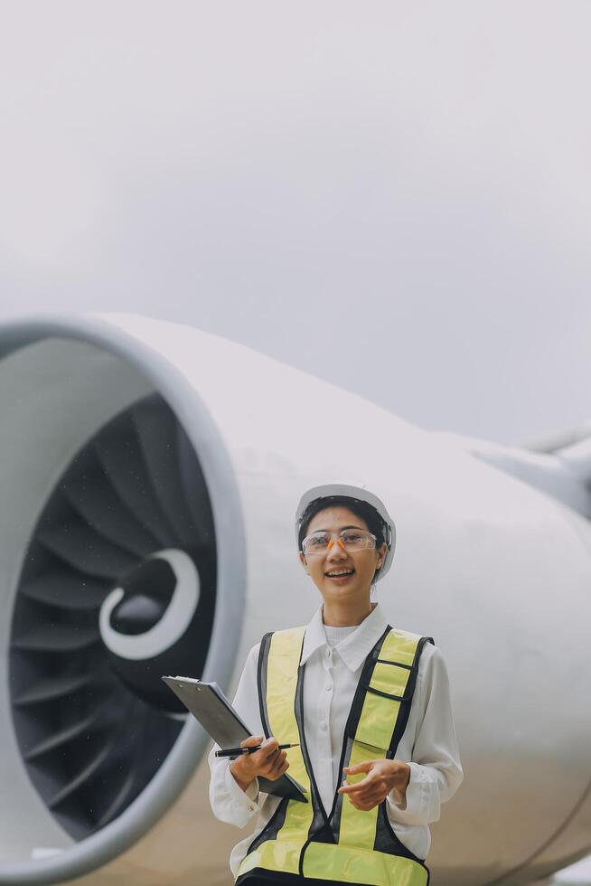 Technician fixing the engine of the airplane,Female aerospace engineering checking aircraft engines,Asian mechanic maintenance inspects plane engine photo