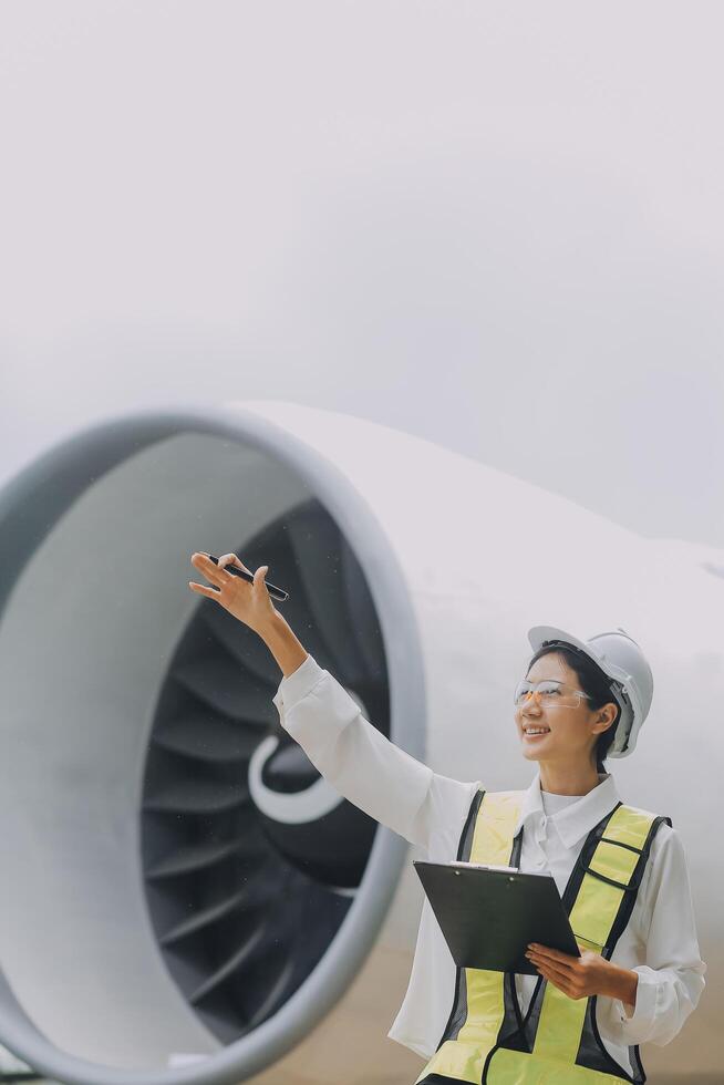 Technician fixing the engine of the airplane,Female aerospace engineering checking aircraft engines,Asian mechanic maintenance inspects plane engine photo
