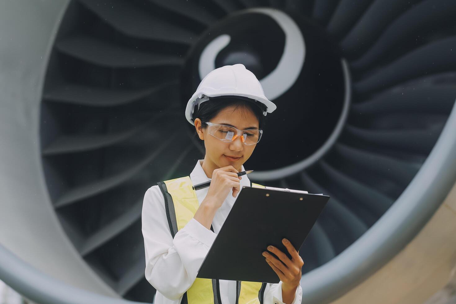 Technician fixing the engine of the airplane,Female aerospace engineering checking aircraft engines,Asian mechanic maintenance inspects plane engine photo