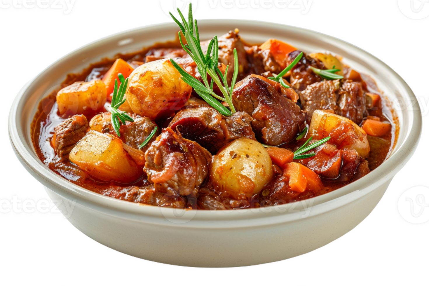 Beef Stew With Potatoes and Carrots in a Casserole Dish png