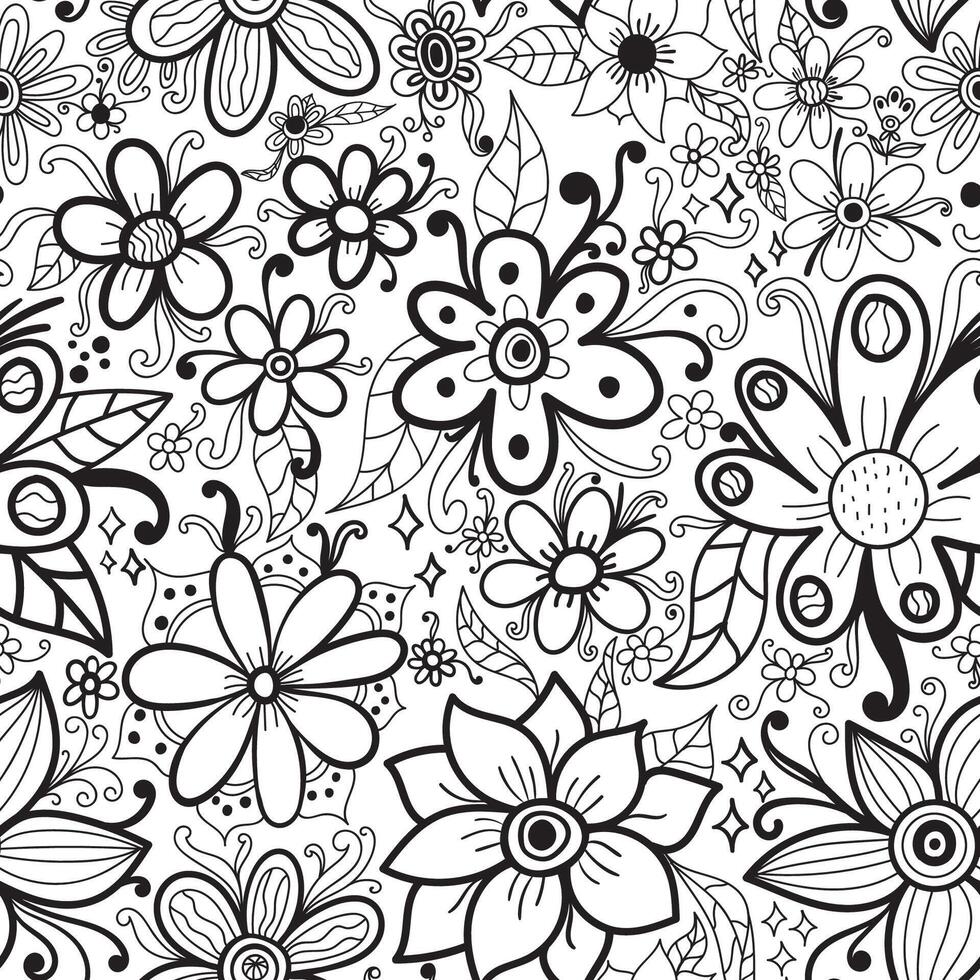 Hand drawn floral doodle ink seamless pattern with fantasy flowers, petals, leaves and swirls. Background, textile, wrapping paper, etc. vector
