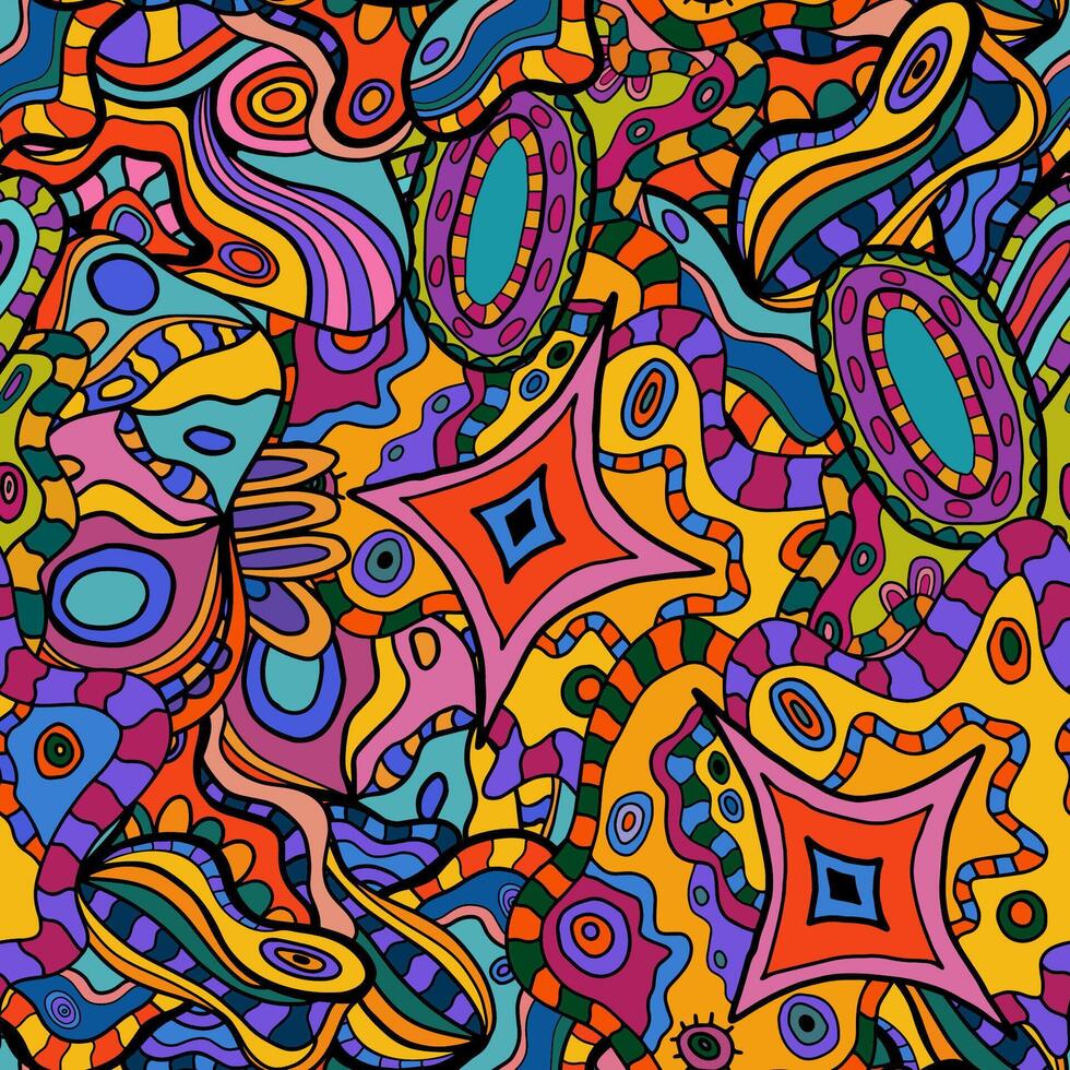 Bright crazy doodle sketch seamless pattern. Background with messy ink art with different shapes, curls. Fantasy texture, textile, wrapping paper, fabric. vector