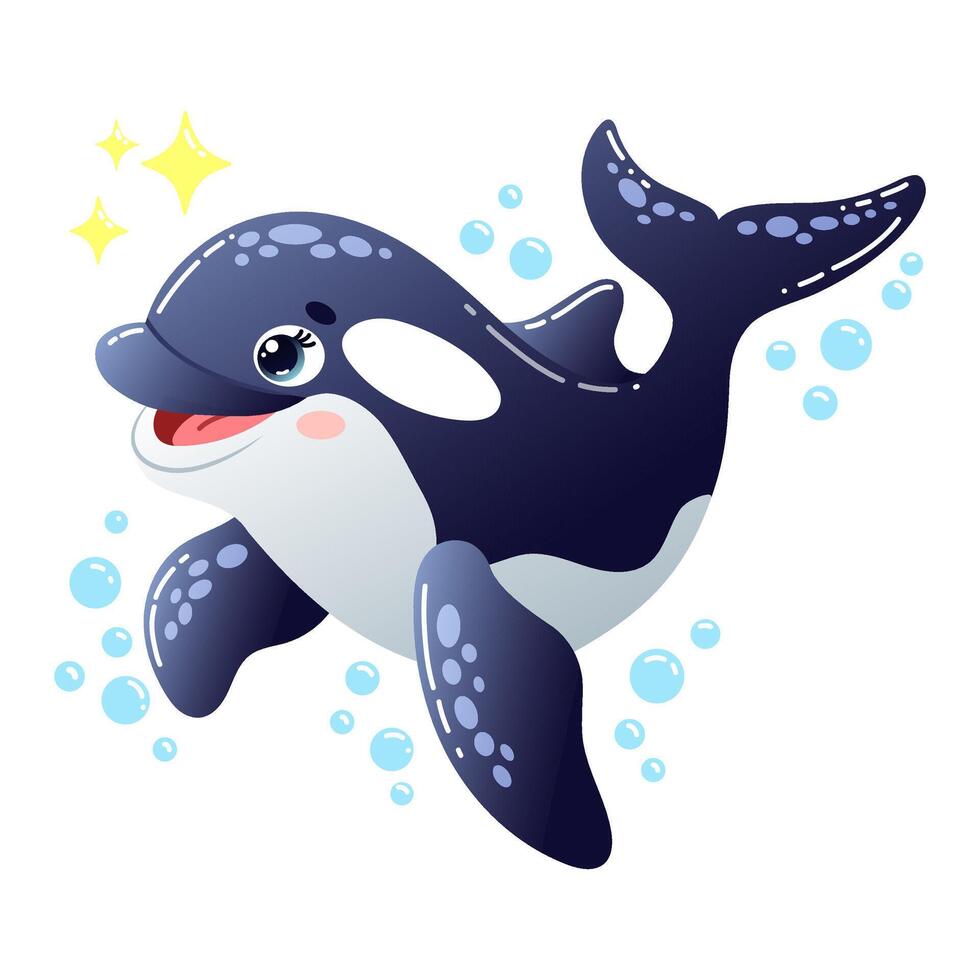 Adorable cartoon illustration of a smiling baby orca swimming with bubbles. clip art on a white background vector