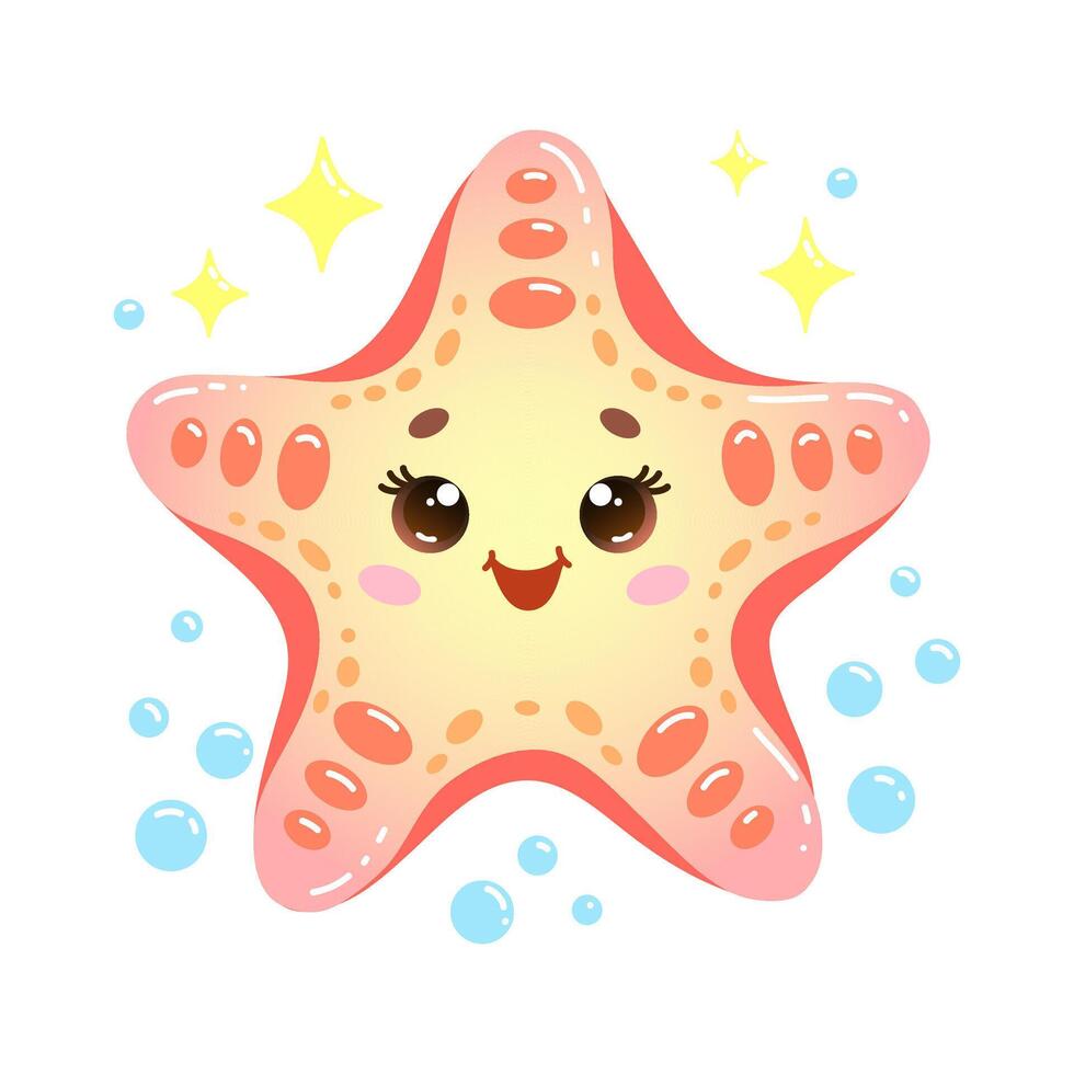Illustration of happy cartoon starfish with a friendly smile, surrounded by bubbles and sparkling stars vector