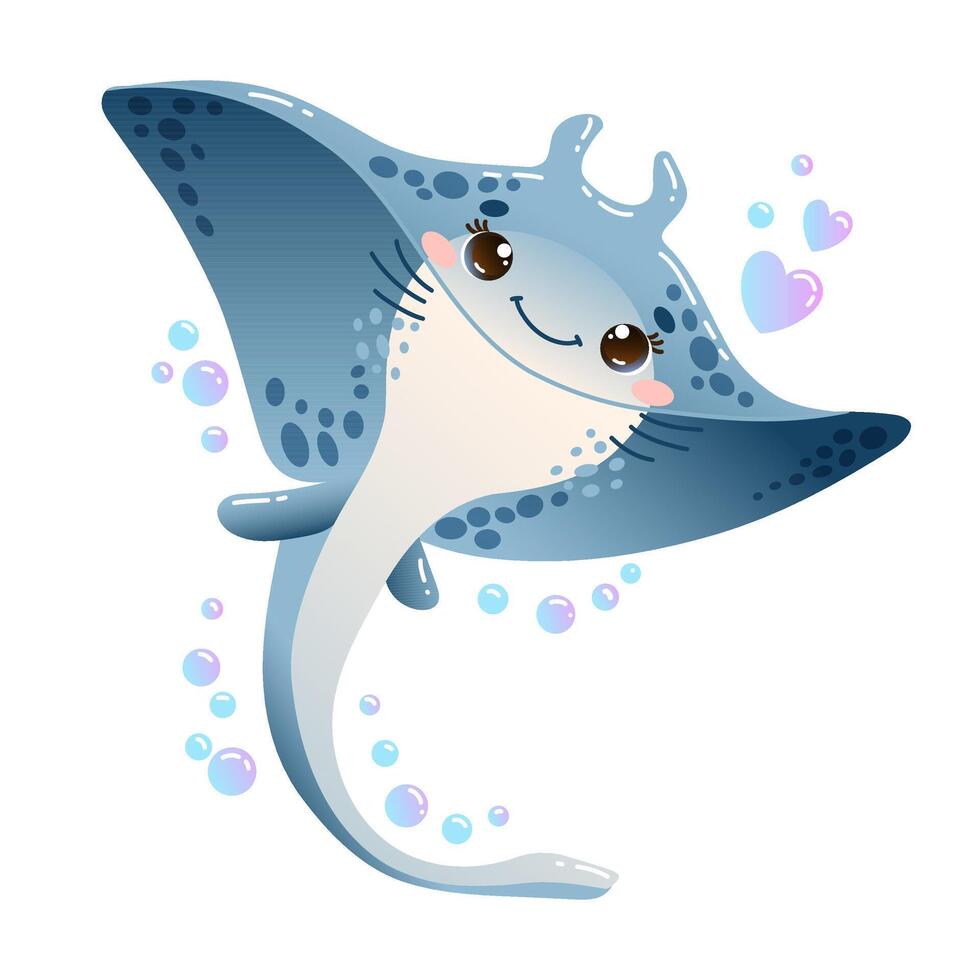 Illustration of happy cute stingray with a friendly smile, surrounded by bubbles in cartoon style vector
