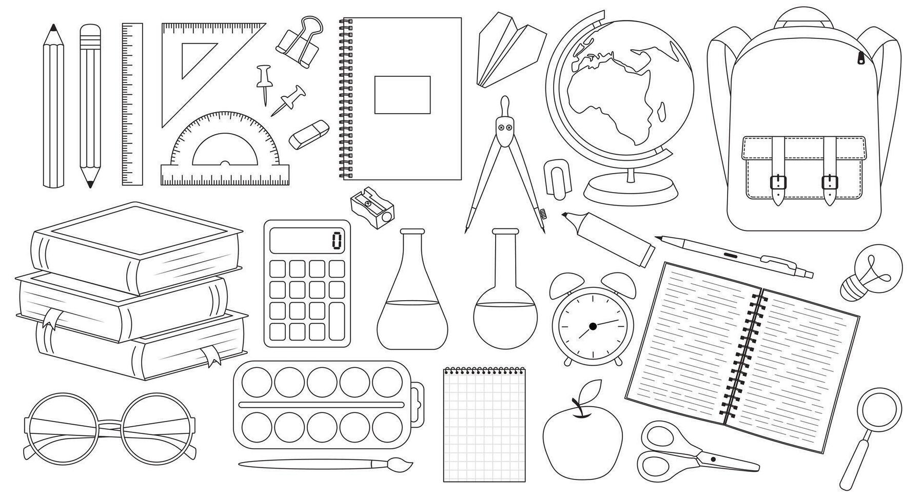 Line art Set of school supplies. Back to school stationery collection. Various accessories for study, student equipment and office vector