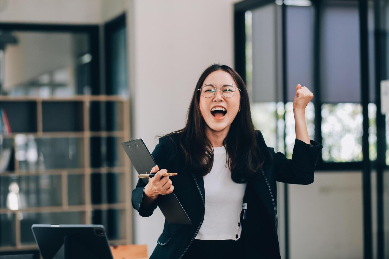 Portrait of smile beautiful business asian woman suit working office desk computer. Small business sme people employee freelance online start up marketing asian designer telemarket successful banner photo
