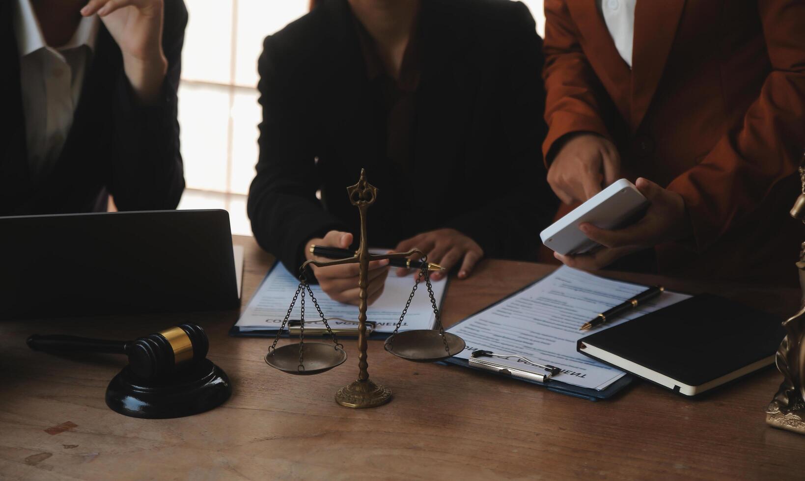 Mediation client meeting lawyer consulting government help, Businessman and Male lawyer or judge consult having team meeting with client, Law and Legal services concept. photo