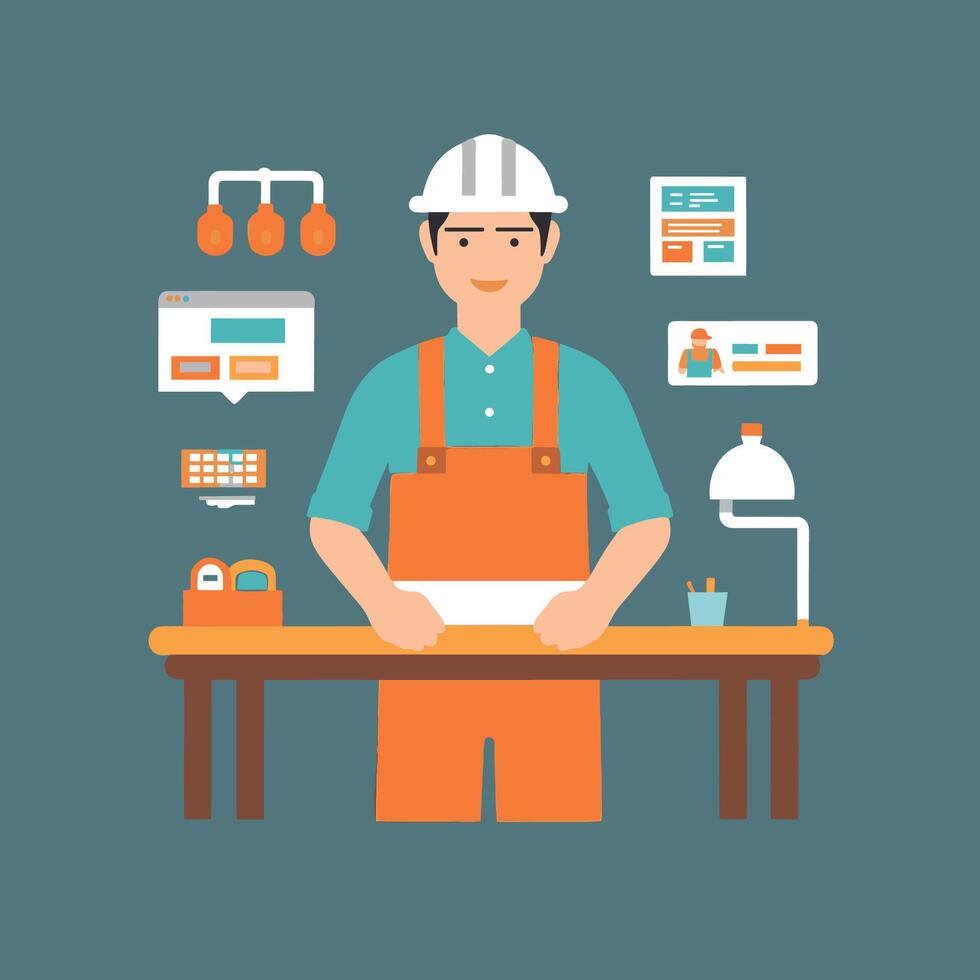 worker and builder wearing construction hat and tools vector
