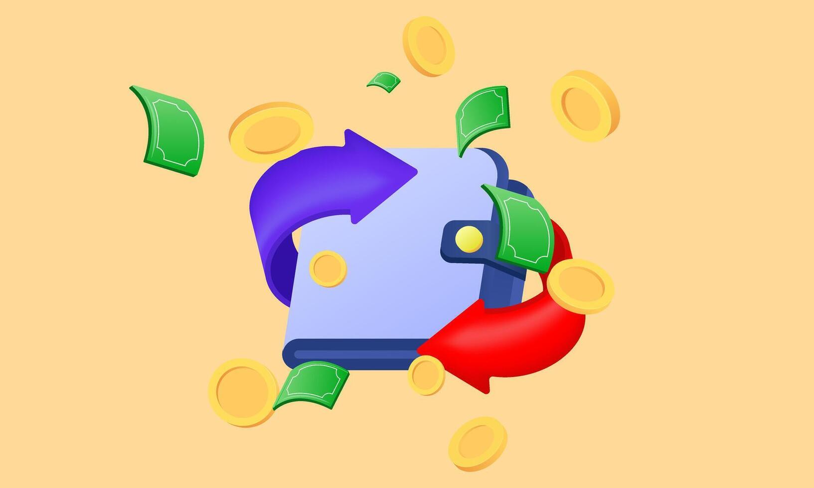 3d realistic wallet green banknotes cartoon style design vector