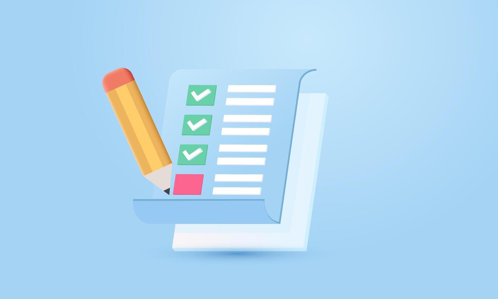 3d realistic clipboard pencil on blue background cartoon style design vector