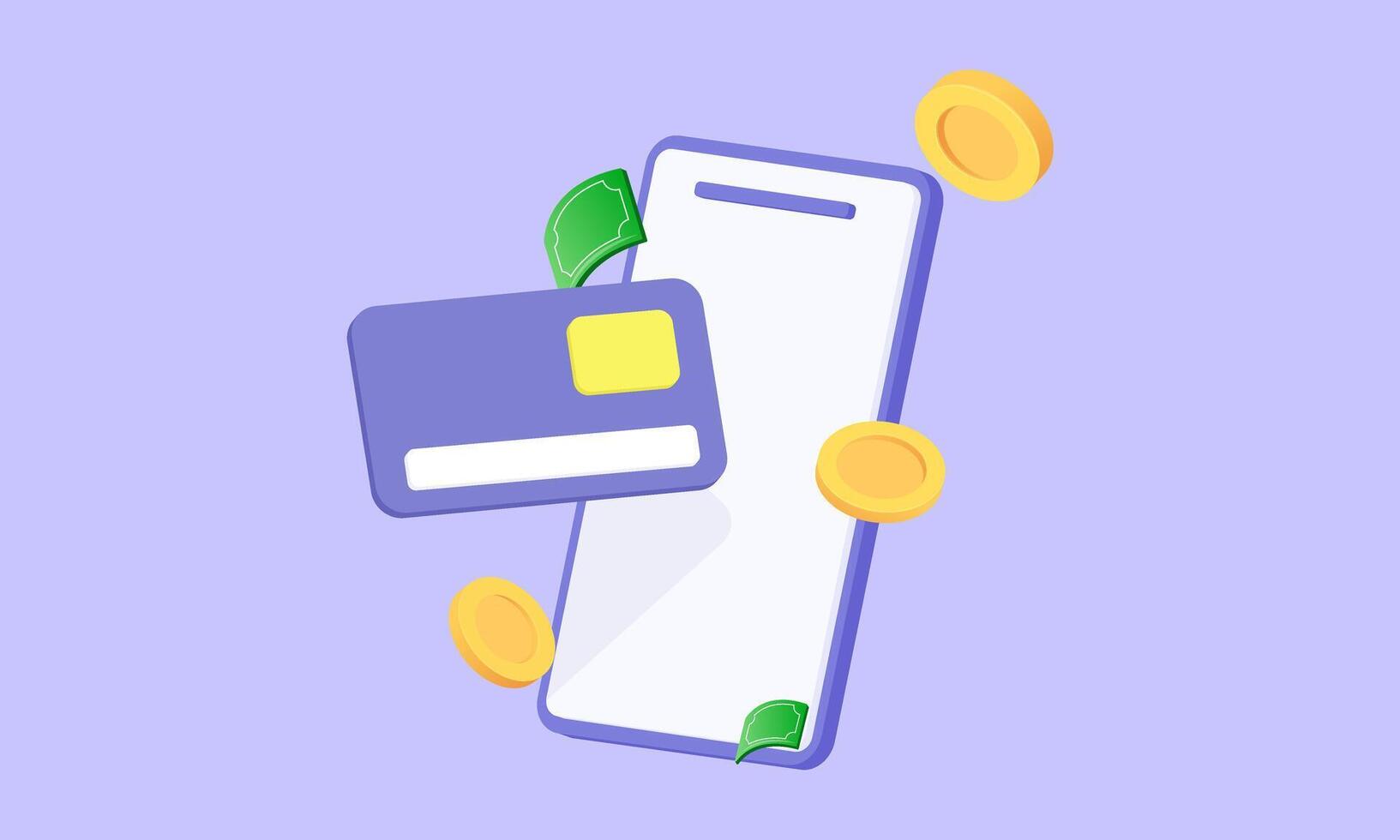 3d realistic phone credit card coin online cartoon style design vector