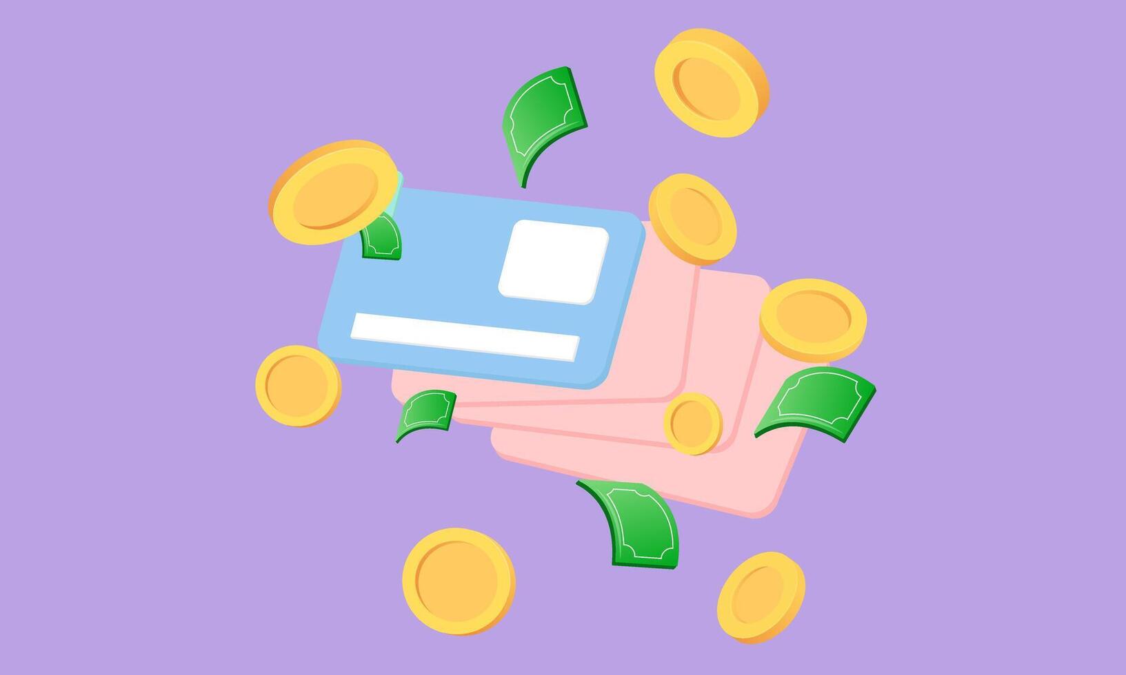 3d realistic credit card floating coins around design vector