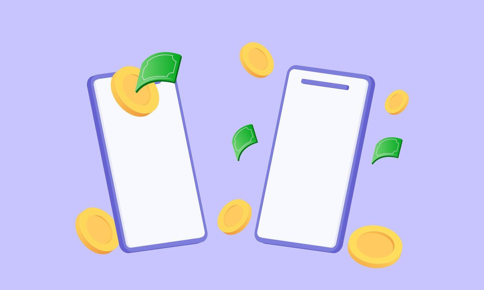 3d realistic mobile phone coin money transfer cartoon style design vector