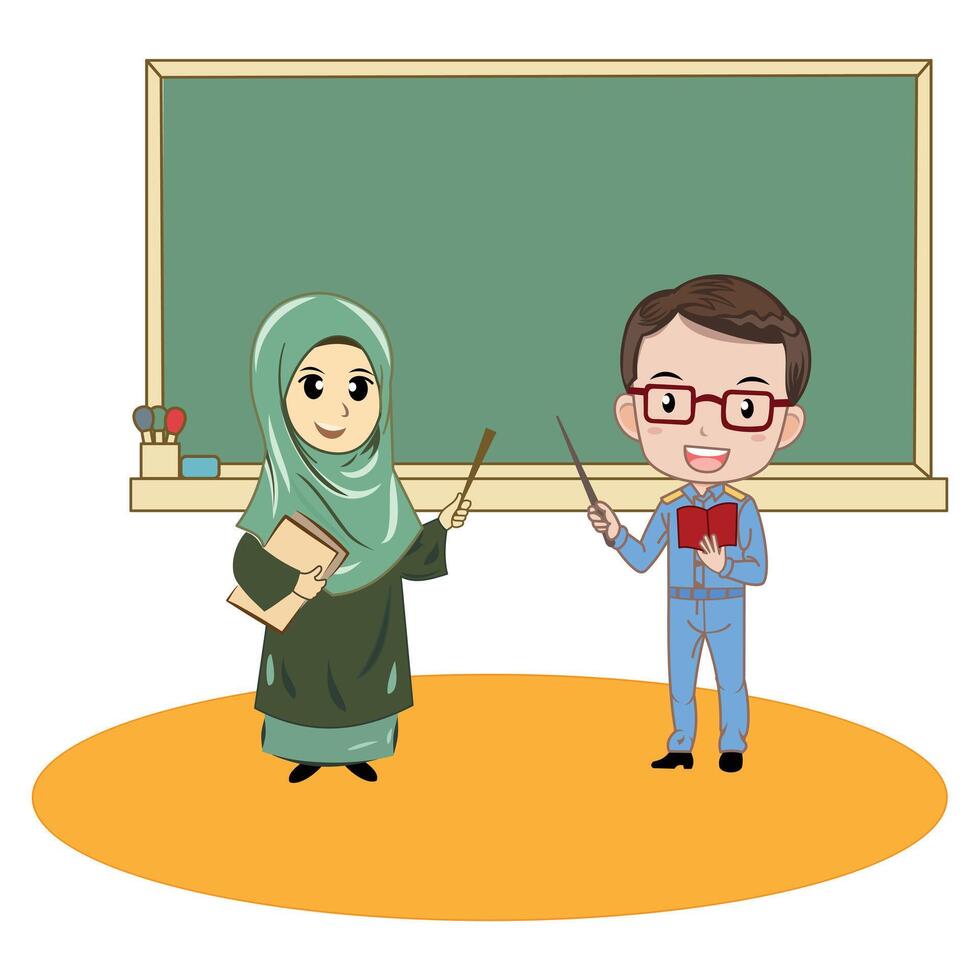 Muslim teacher and student at the blackboard in classroom. Teacher cartoon illustration of work, the profession of a teacher.Suitable for use in designing job introduction for kids vector