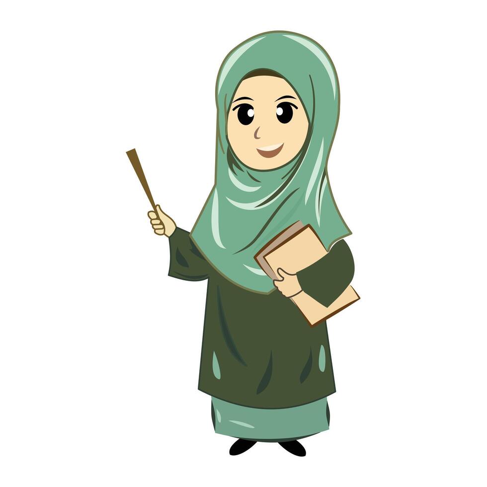 Muslim young woman with a book and a pointer. Cute woman with hijab in green dress. woman character illustration isolated on white background. Design element of cartoon people vector
