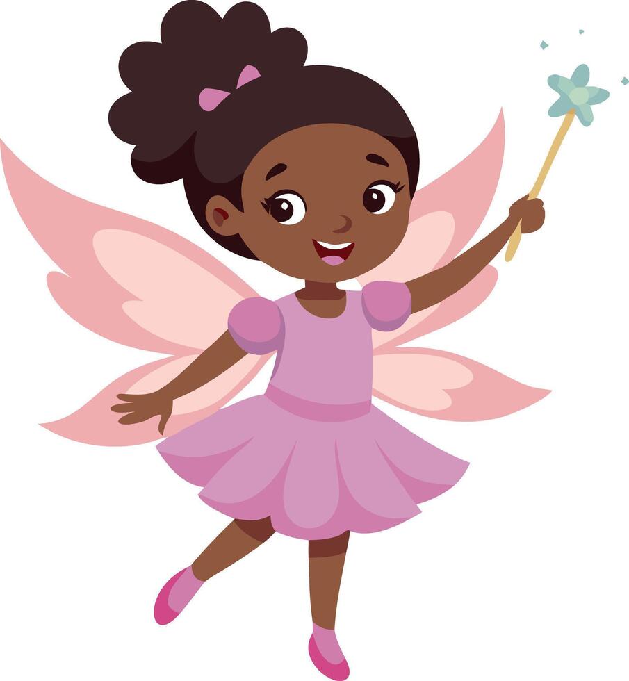Cute fairy character with magic wand and wings in pink dress illustration vector