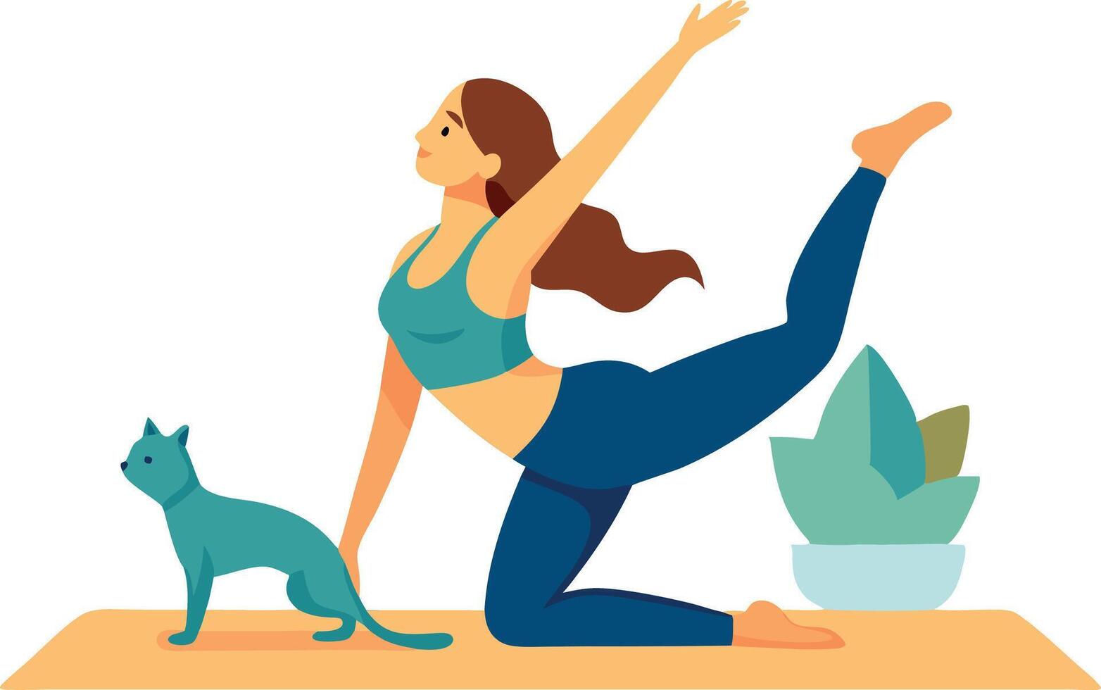 Woman practicing yoga at home with her cat on a mat, demonstrating a healthy and balanced lifestyle vector