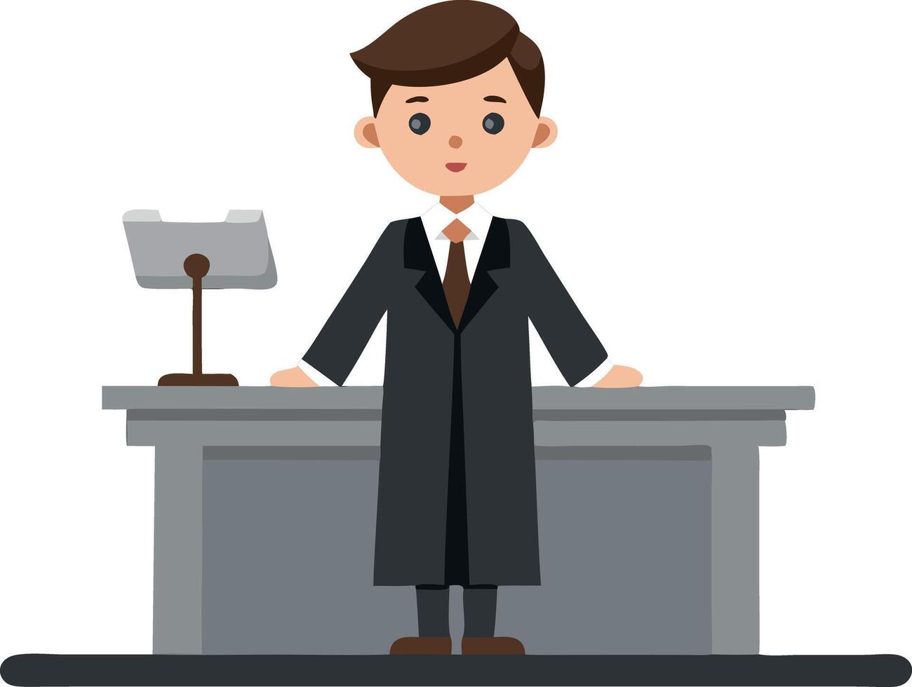 Cartoon judge at bench giving verdict in courtroom, legal cartoon illustration vector