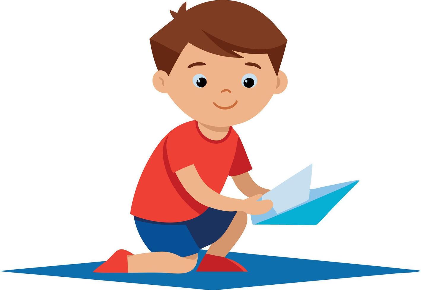 Happy boy playing with paper airplane on the floor. Child enjoying creative playtime. vector