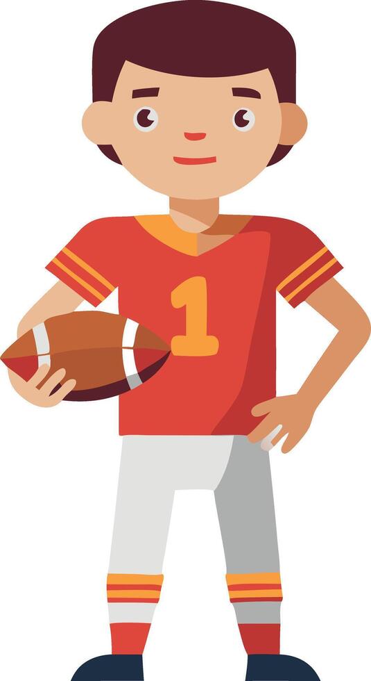 Cartoon football player in red uniform holding ball and smiling on white background vector