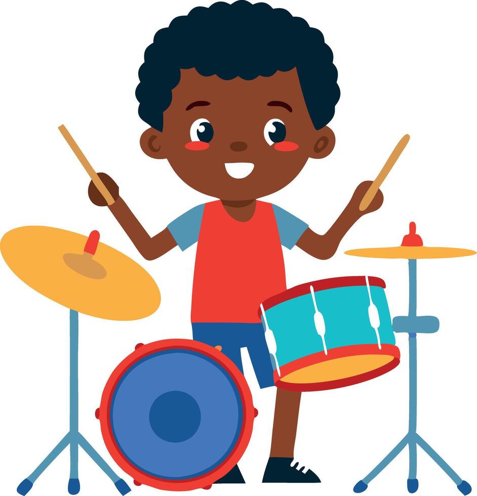 A young boy is playing drums and smiling vector