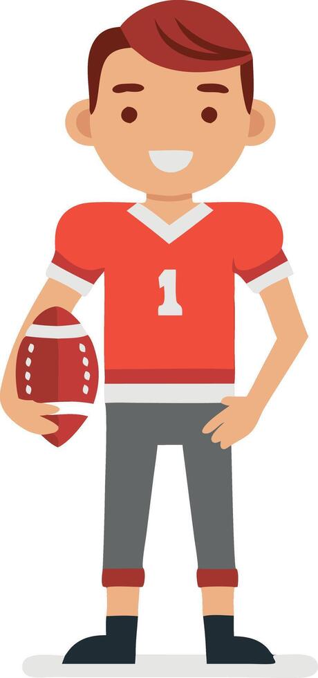 Cartoon illustration of a male football player with ball in hand, wearing a red jersey and smiling vector