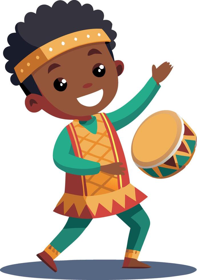 Cute cartoon child with traditional drum celebrating cultural festival in vibrant attire vector