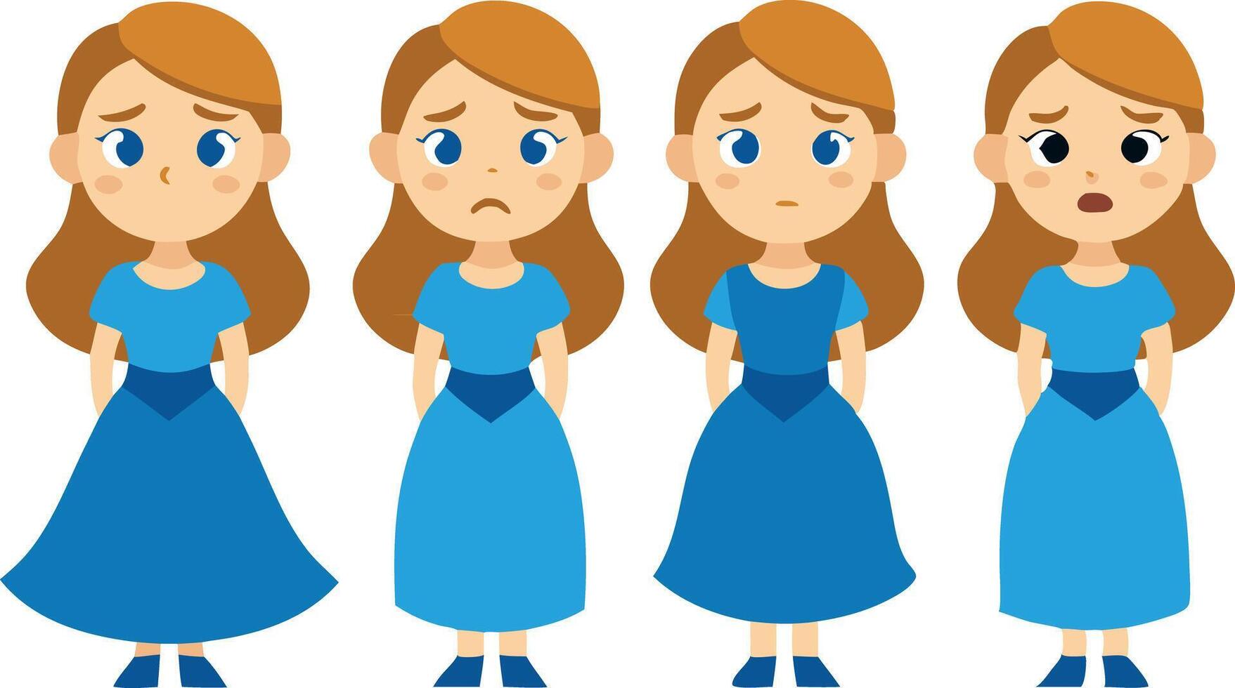 Four expressions of a girl in a blue dress sad, worried, upset, surprised vector