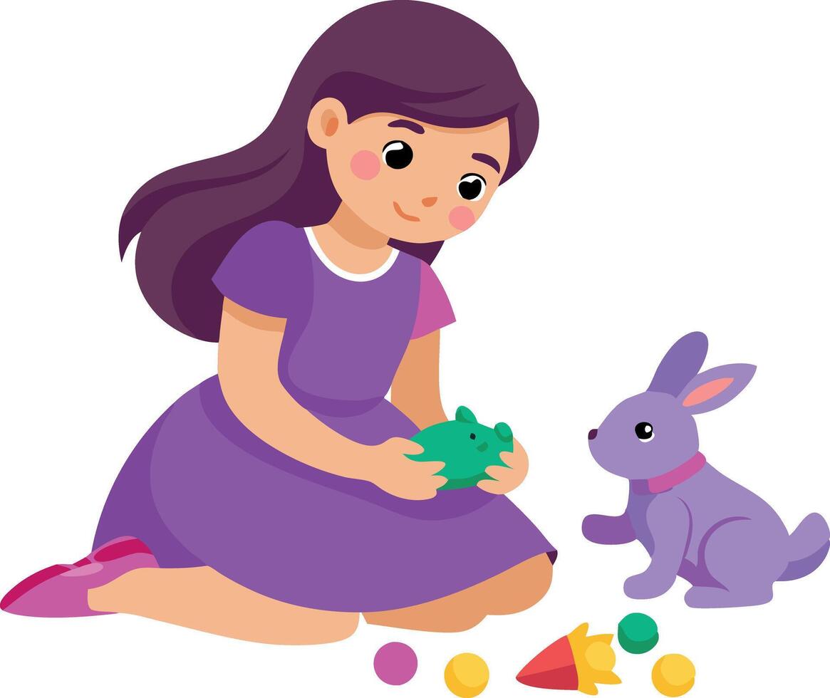 Illustration of a girl playing with a rabbit and toys in a playful and imaginative setting vector