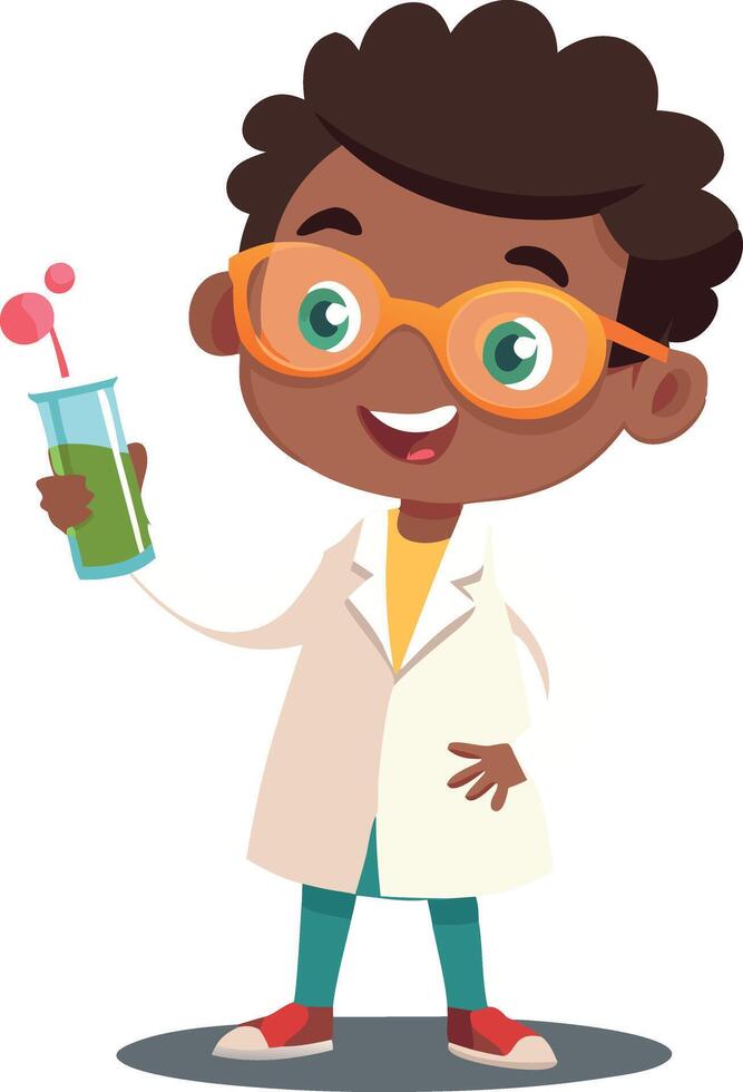 Happy young scientist character holding a test tube in a lab coat and glasses vector