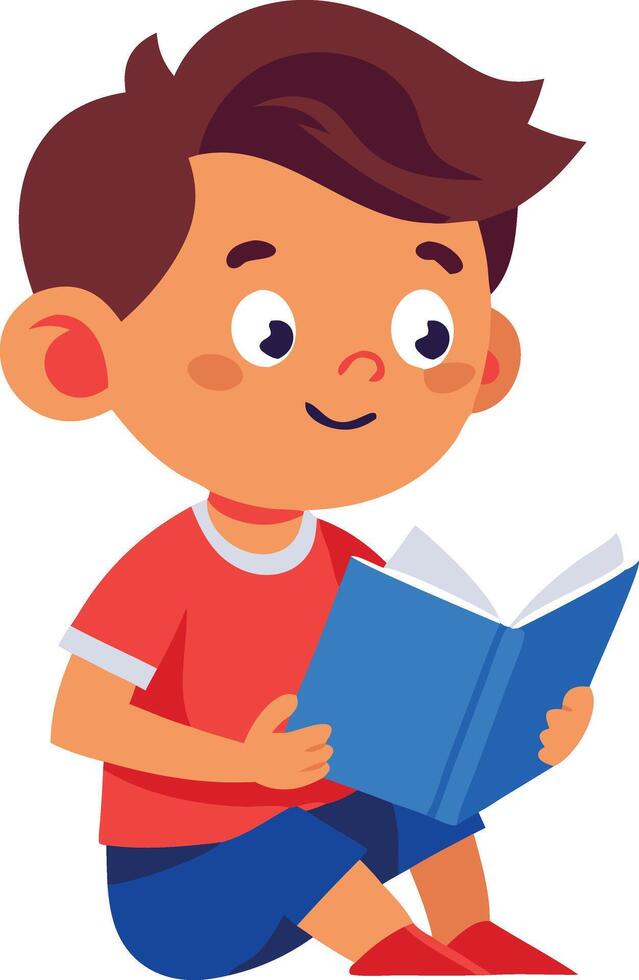 Illustration of a young boy reading a book while sitting and smiling vector