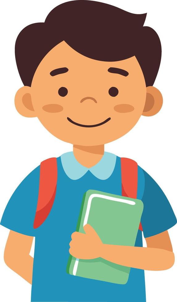 Smiling schoolboy with backpack holding a book on white background vector