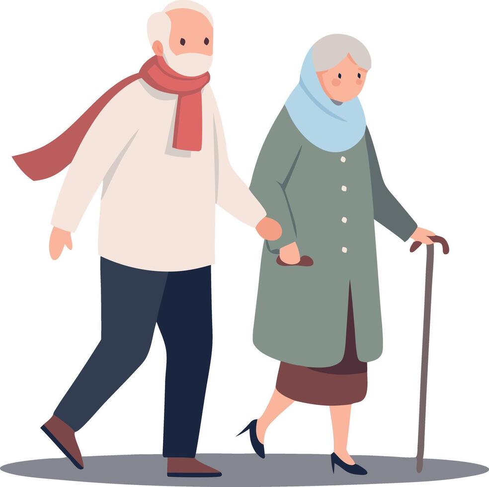 Elderly couple walking together holding hands, enjoying a stroll in winter clothing vector