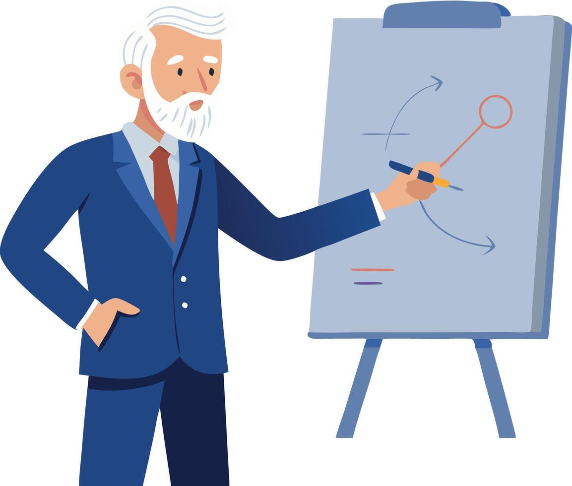 Senior business professional giving a presentation with a flip chart vector