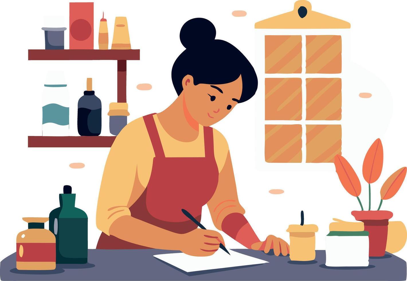 Woman creating art in cozy workspace with plants and jars, home office illustration vector