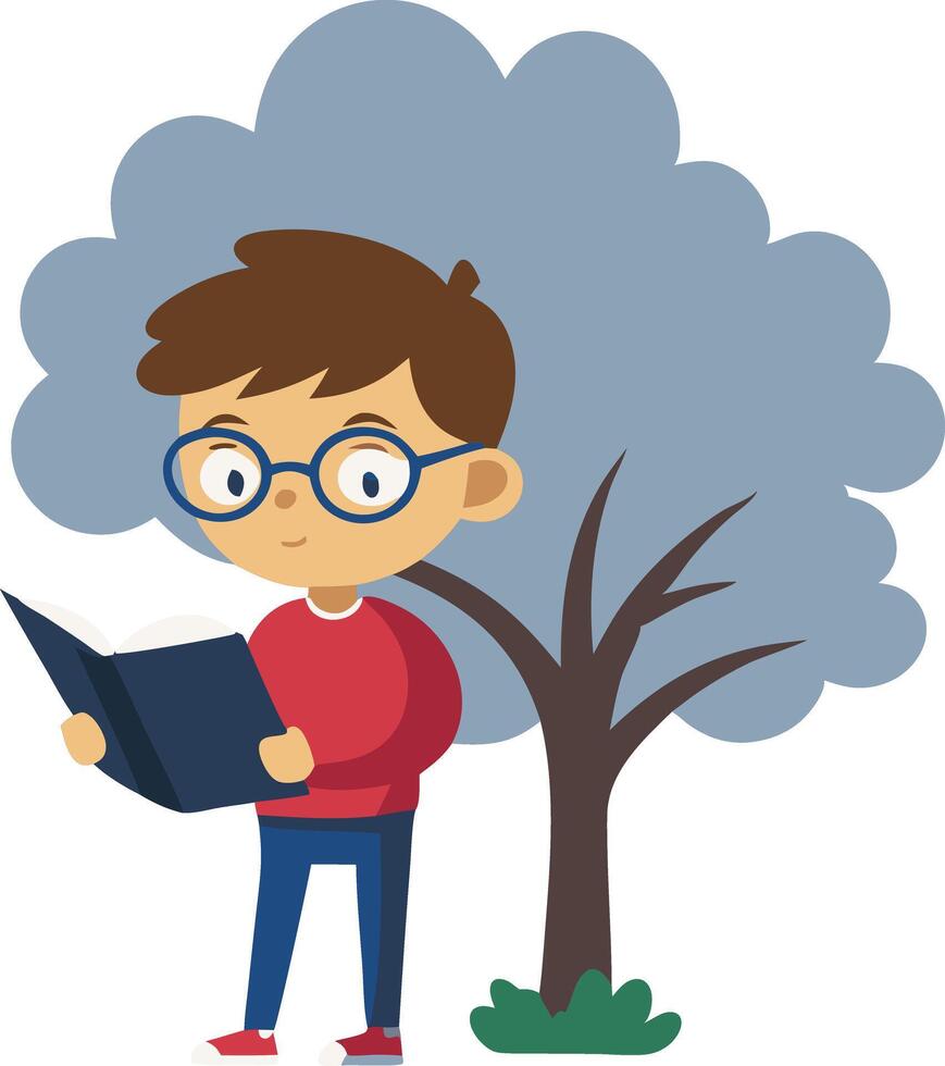 Young boy reading book under tree in peaceful natural setting vector
