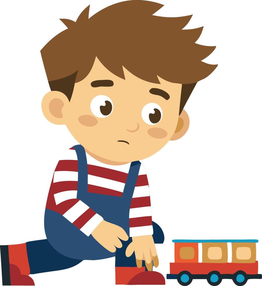 Sad boy playing with a toy train sitting on the floor in a striped shirt and blue overalls vector