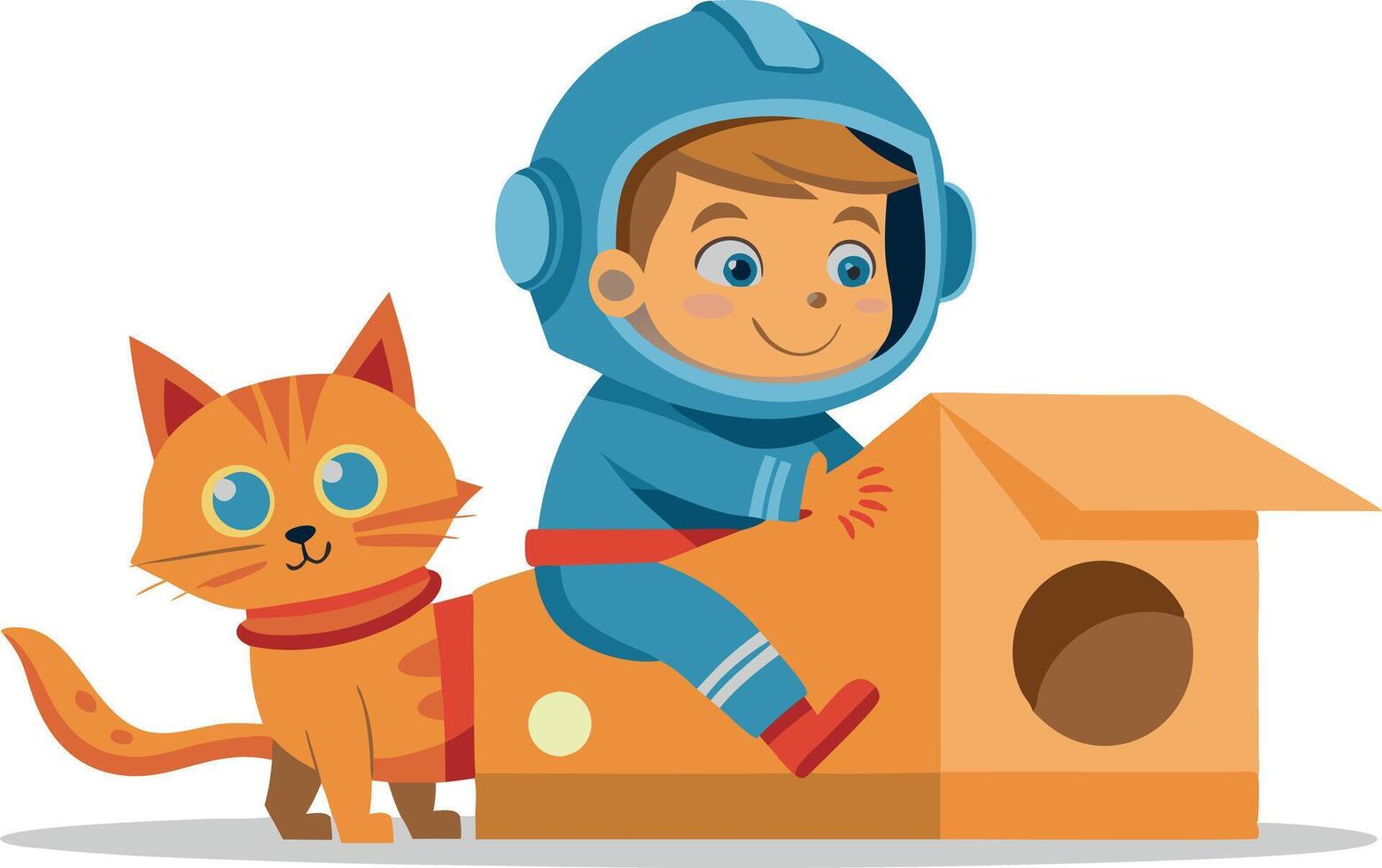 Cute child in astronaut costume playing with cardboard box and cat on white background vector
