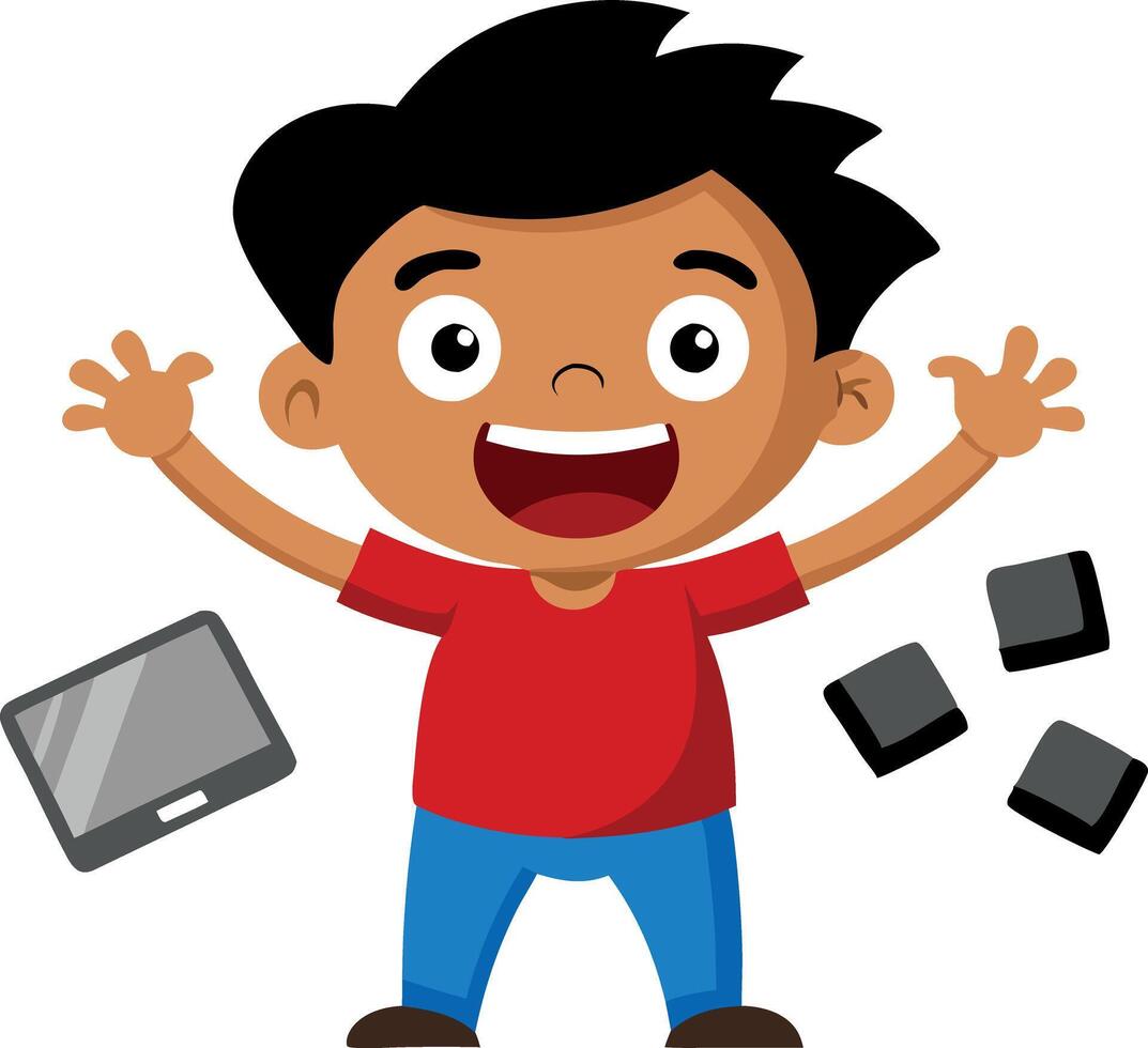 Happy cartoon boy playing with tablet and blocks illustration vector
