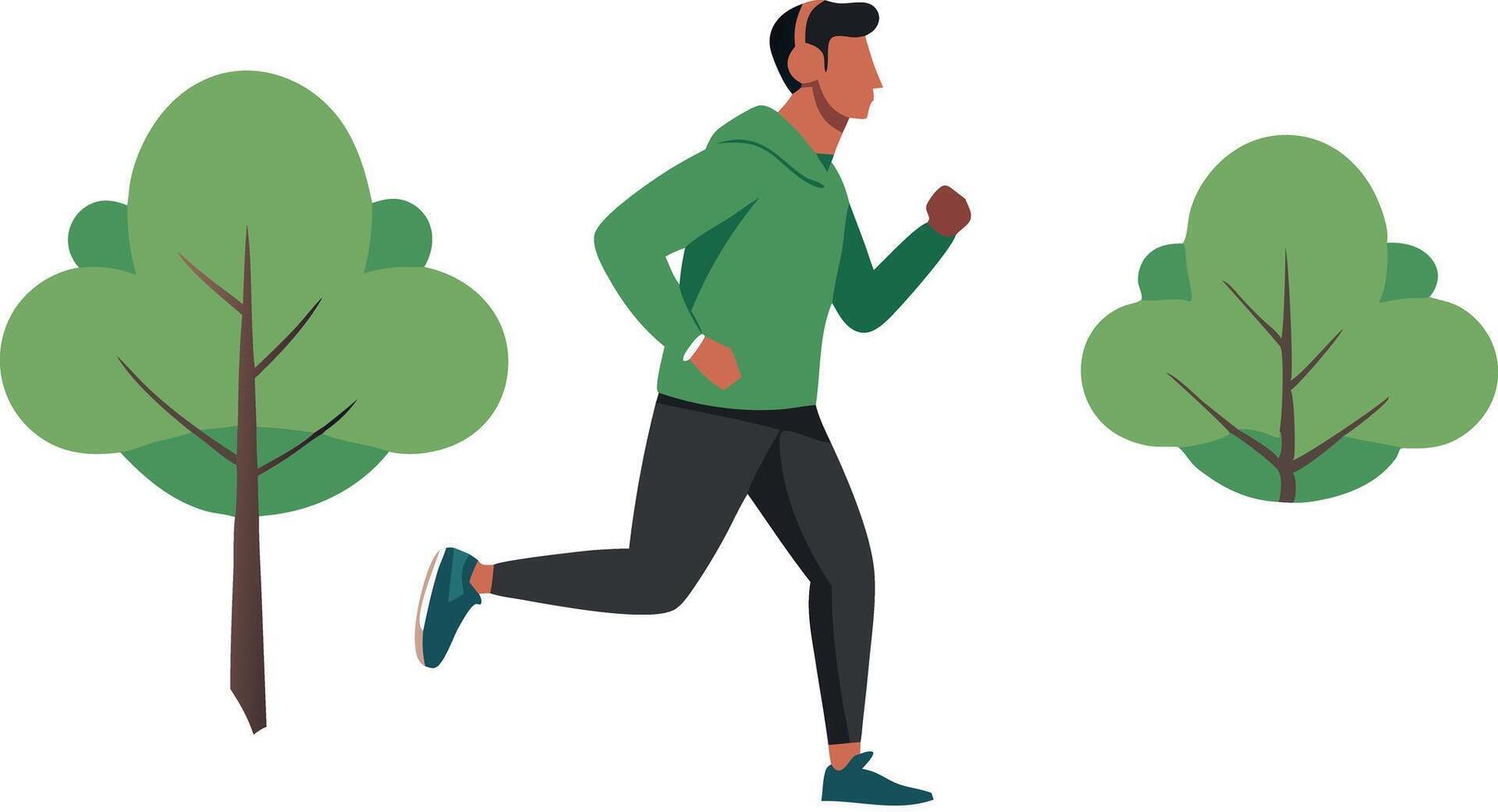 Illustration of a man jogging outdoors, surrounded by trees, wearing headphones and athletic wear vector