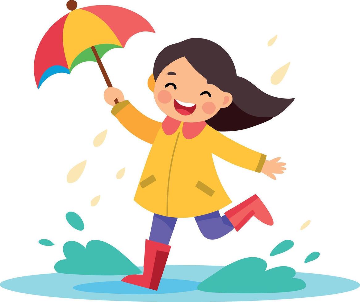 Happy child playing in the rain with an umbrella and jumping in a puddle vector