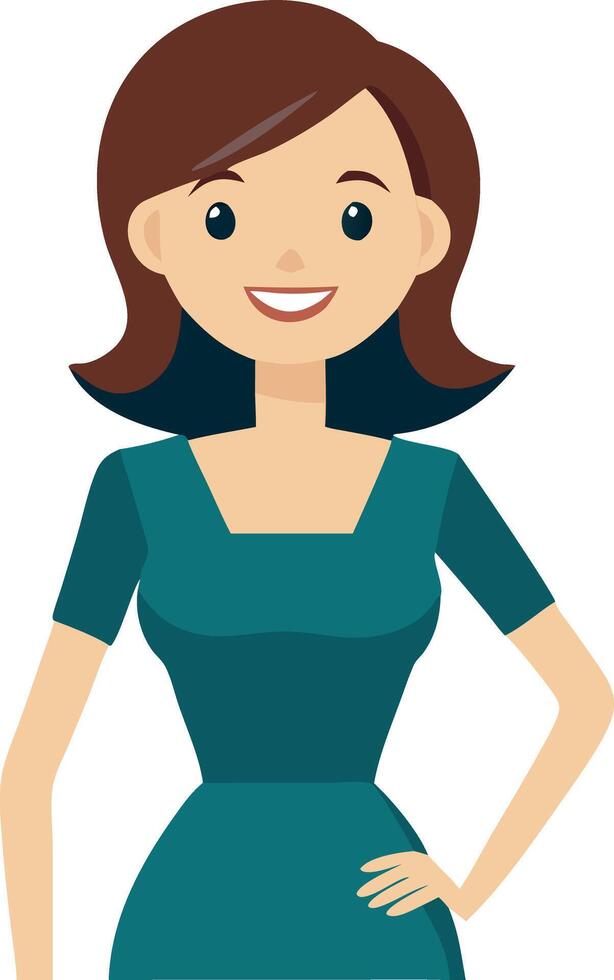 Smiling woman character illustration in green dress with hand on hip, isolated on white background vector