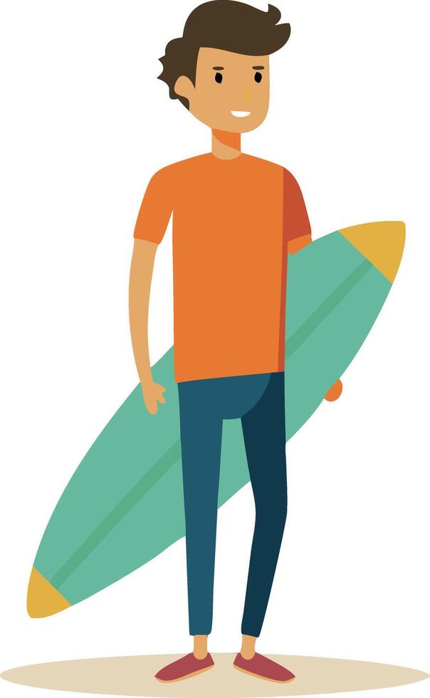 Young man with surfboard standing and smiling, ready for surfing adventure vector