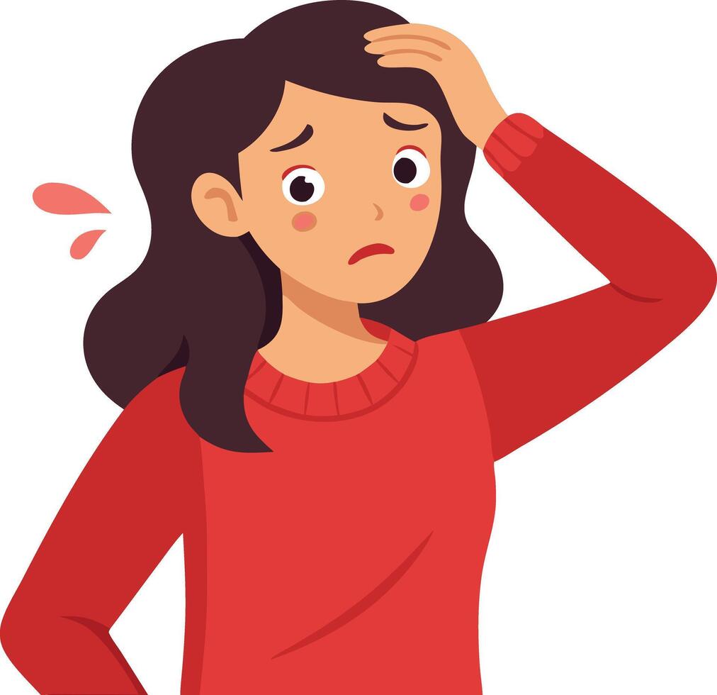 Illustration of a worried woman in red sweater with hand on head showing stress or confusion vector