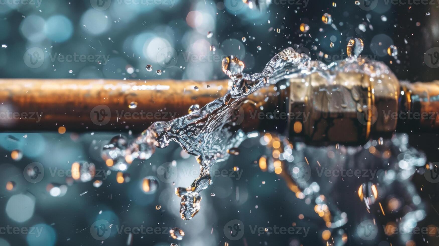 Burst water pipe against dark background photo