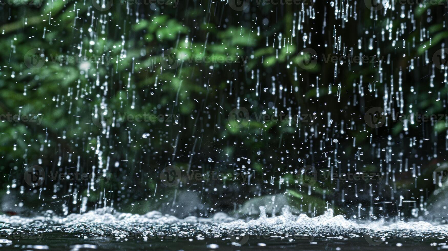 Close-up of raindrops falling on a water surface photo
