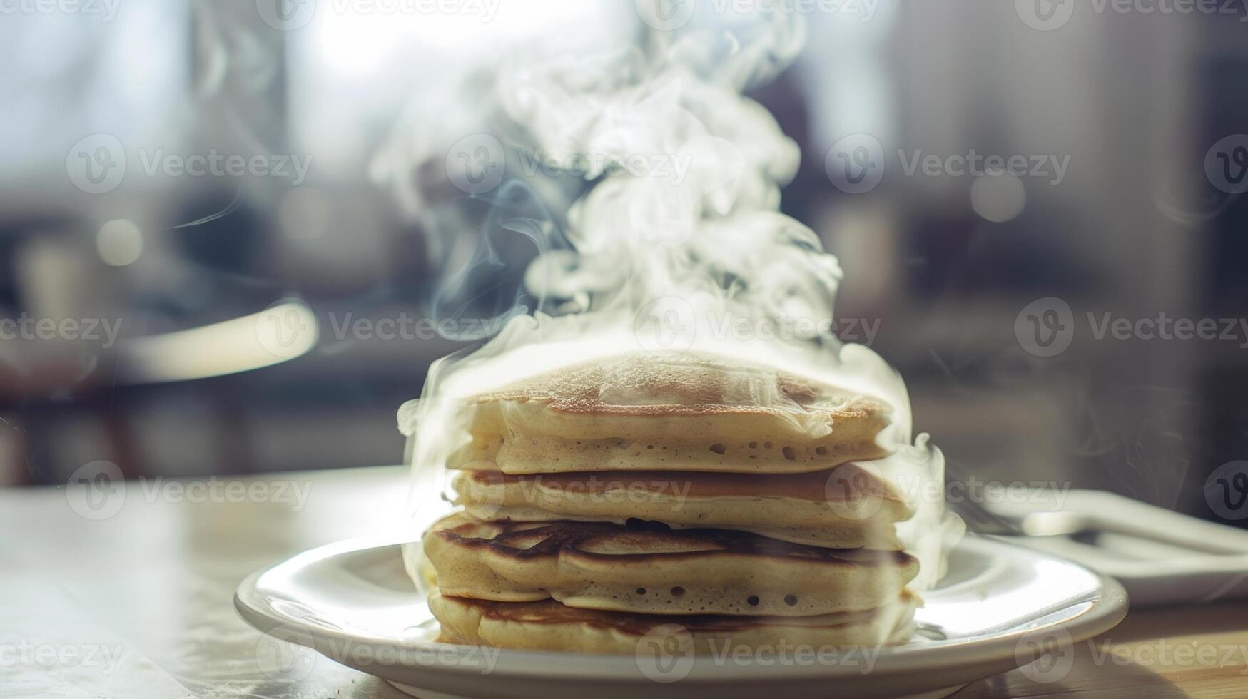 Smoke rising from stack of pancakes on breakfast table 48039315 Stock